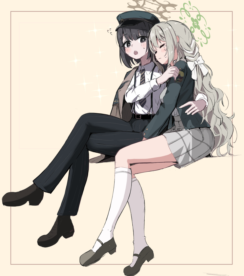 2girls, absurdres, black_eyes, black_hair, black_pants, black_shoes, blue_archive, blush