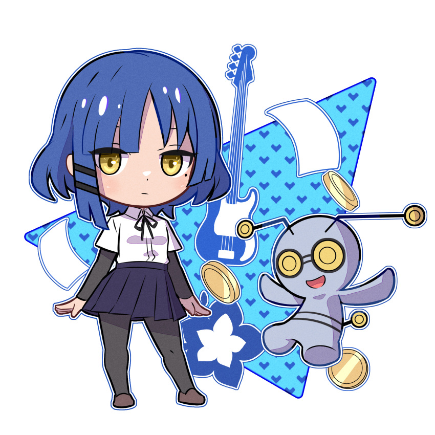 1girl, bass_guitar, black_pantyhose, black_ribbon, blue_hair, blue_skirt, bocchi_the_rock!, brown_shoes