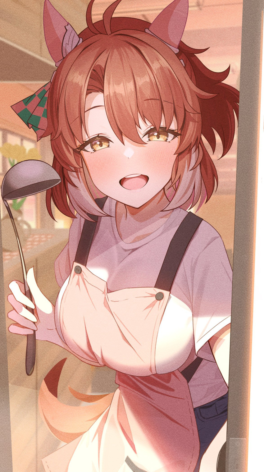 1girl, animal_ears, apron, breasts, brown_hair, dantsu_flame_(umamusume), denim, ear_covers