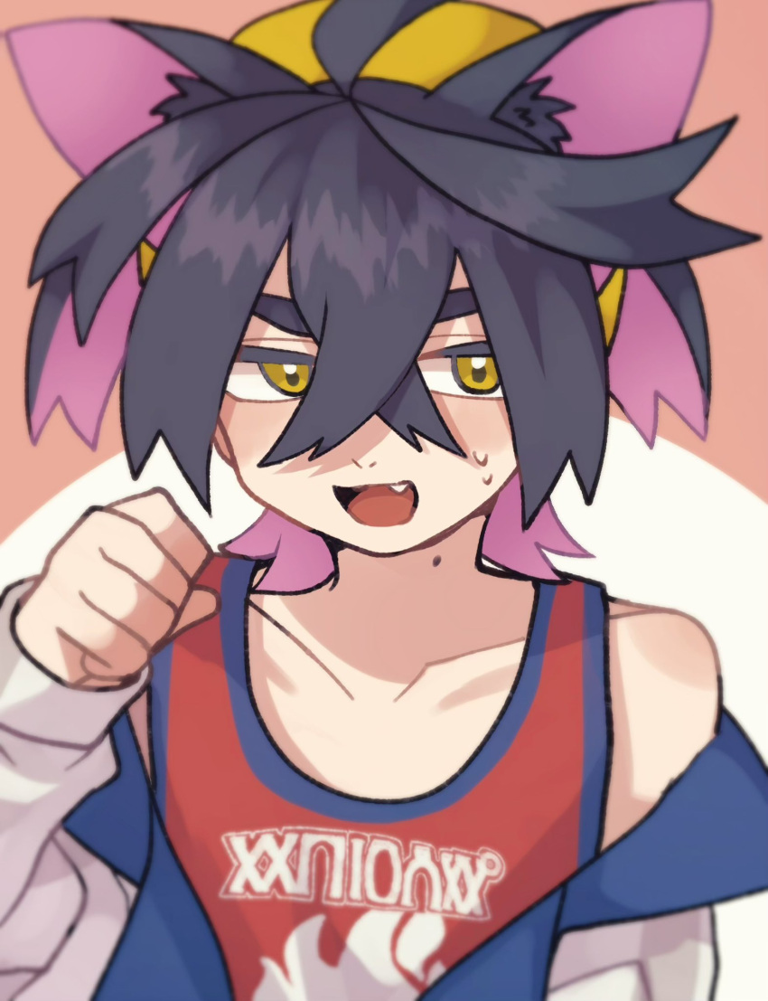 1boy, animal_ear_fluff, animal_ears, black_hair, blush, crossed_bangs, fang, hair_between_eyes