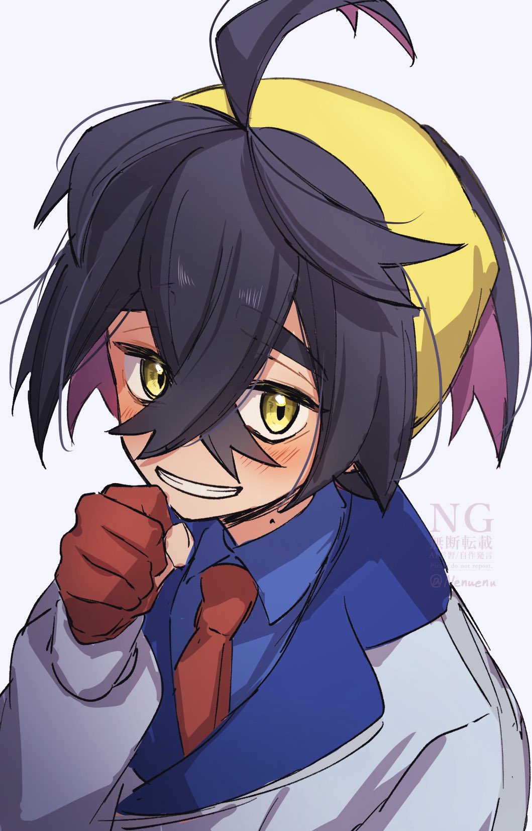 1boy, blue_shirt, blush, collared_shirt, commentary, crossed_bangs, enudesuga, gloves