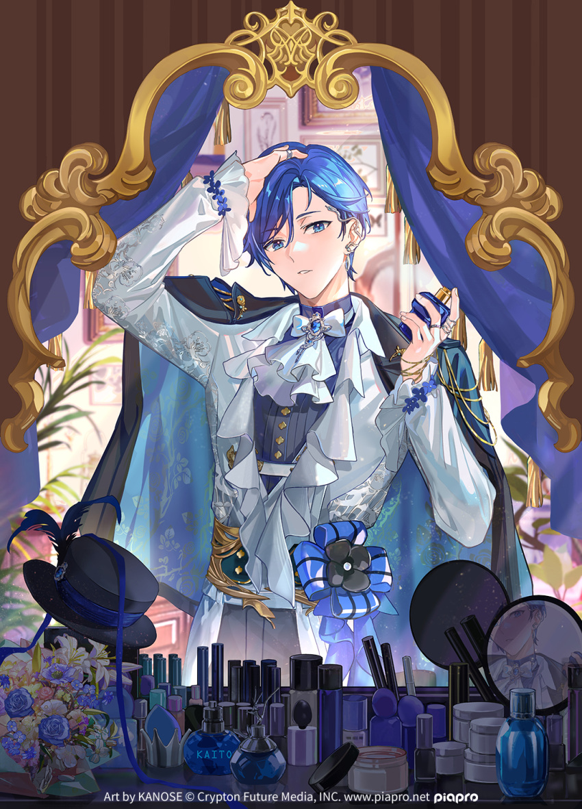 1boy, artist_name, ascot, black_hat, black_shirt, blue_eyes, blue_hair, bottle