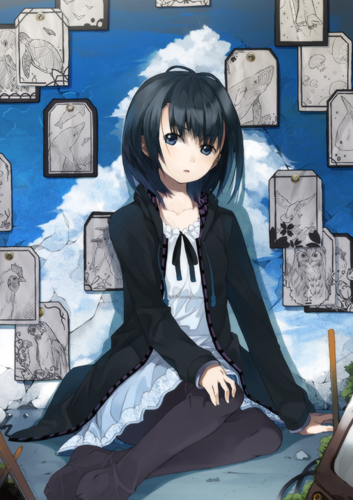 bird, black_eyes, black_hair, black_legwear, chiharu_(nekomimibousi96), dolphin, looking_at_viewer, no_shoes