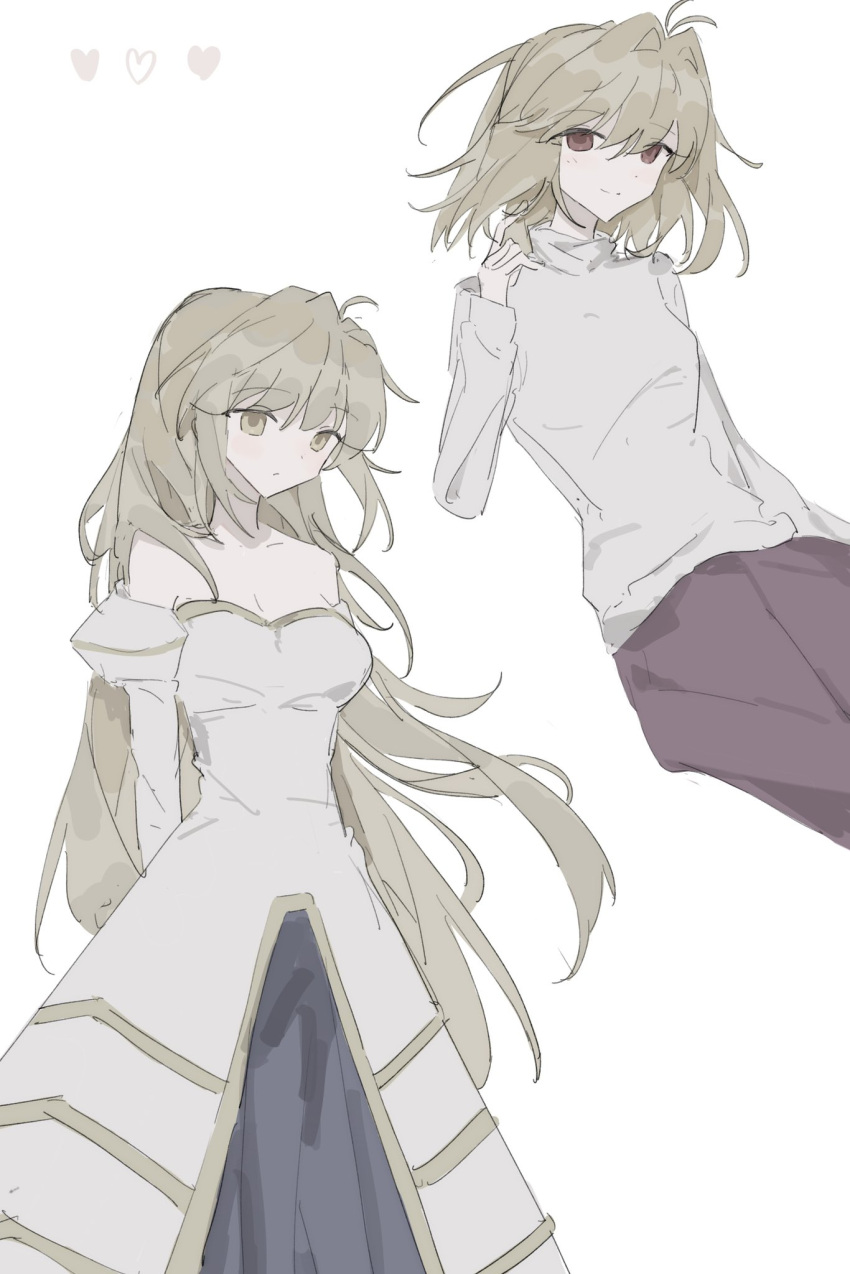 2girls, ahoge, archetype_earth, arcueid_brunestud, arms_behind_back, bare_shoulders, blonde_hair, blue_skirt