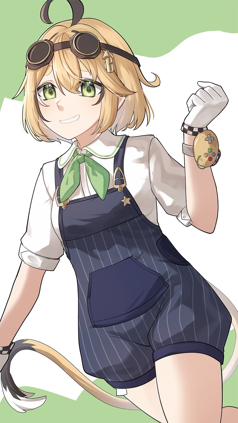 1girl, ahoge, black_hair, blonde_hair, blue_overalls, closed_mouth, dooby, dooby_(1st_costume)