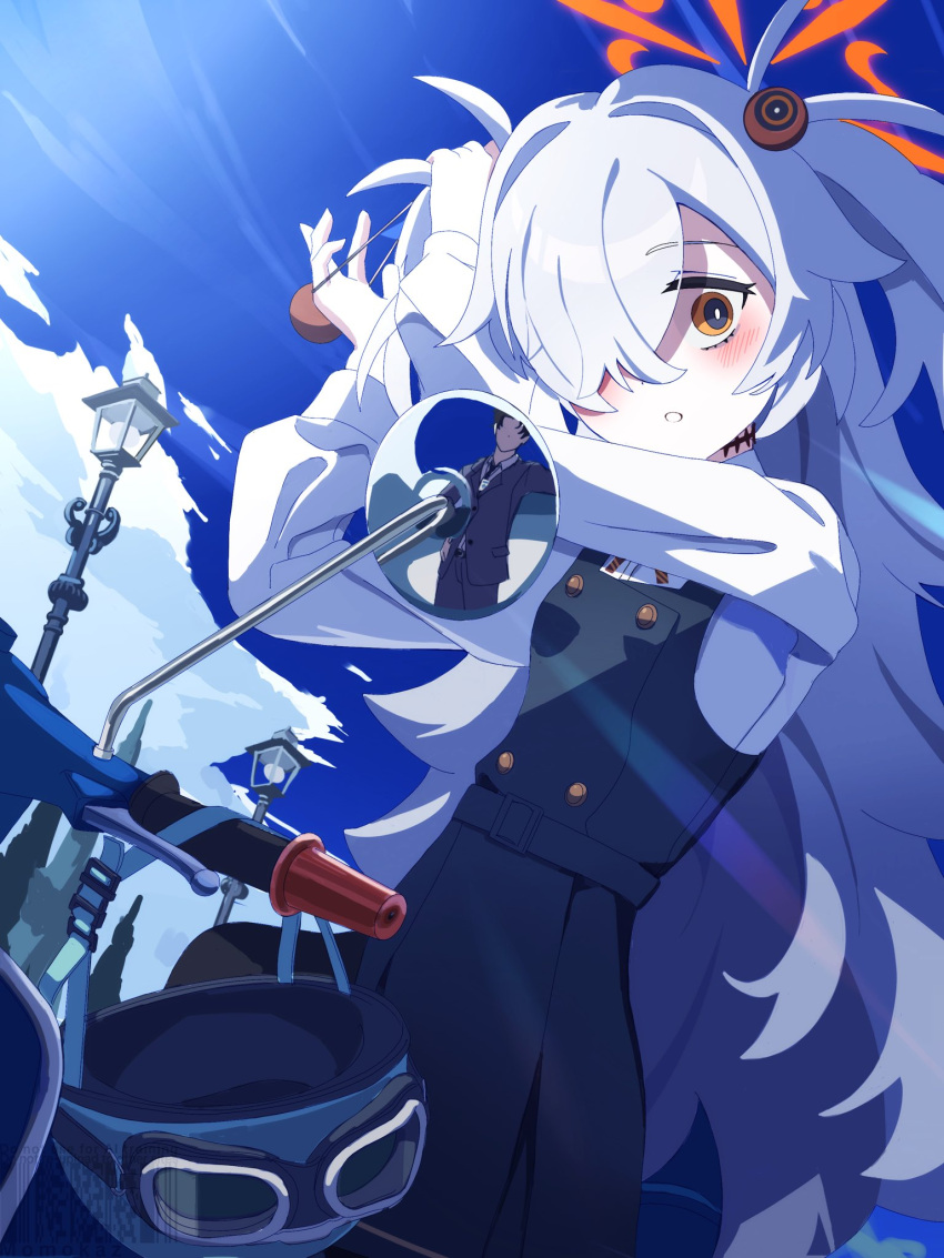 1girl, adjusting_hair, blue_archive, blush, brown_eyes, dress, eyeball_hair_ornament, grey_hair, hair_ornament, hair_over_one_eye, halo, helmet, highres, kanoe_(blue_archive), lamppost, long_hair, long_sleeves, looking_at_viewer, momokaz, motor_vehicle, motorcycle, open_mouth, orange_halo, pinafore_dress, scar, scar_on_neck, shirt, sleeveless, sleeveless_dress, solo, two_side_up, very_long_hair, white_shirt