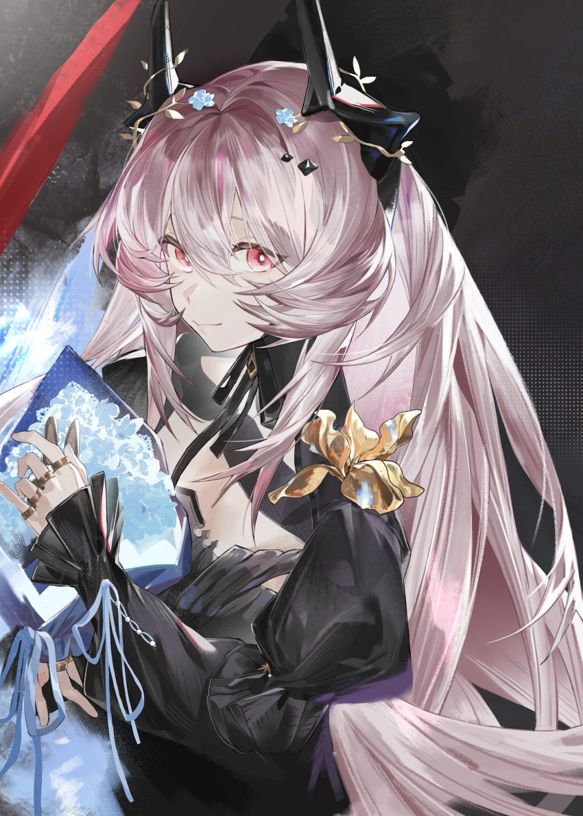 1girl, absurdres, ananke_7, arknights, black_background, black_horns, black_shirt, blue_flower, bouquet, closed_mouth, flower, grey_hair, hair_between_eyes, hair_flower, hair_ornament, highres, holding, holding_bouquet, horns, jewelry, light_smile, long_hair, looking_at_viewer, making-of_available, multiple_rings, pink_eyes, ring, shirt, sleeves_past_wrists, solo, theresa_(arknights), upper_body