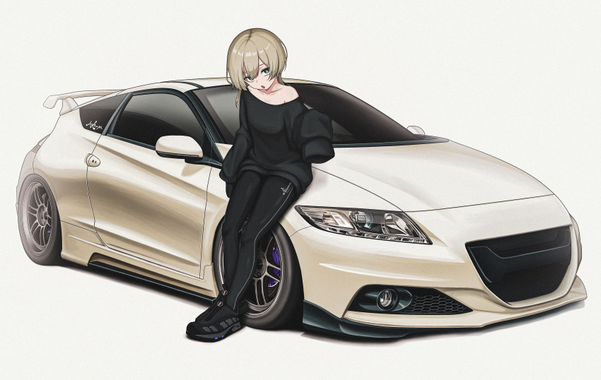 1girl, absurdres, black_pants, black_shoes, black_sweater, blonde_hair, bokuya, car