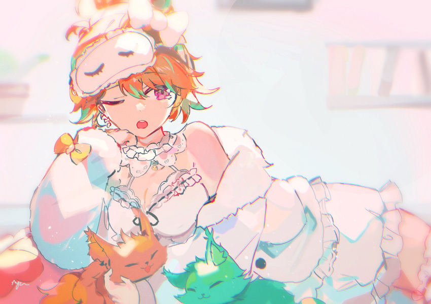 1girl, bare_shoulders, cat, chonkers_(takanashi_kiara), commentary, english_commentary, fluffy_clothes, fur_jacket