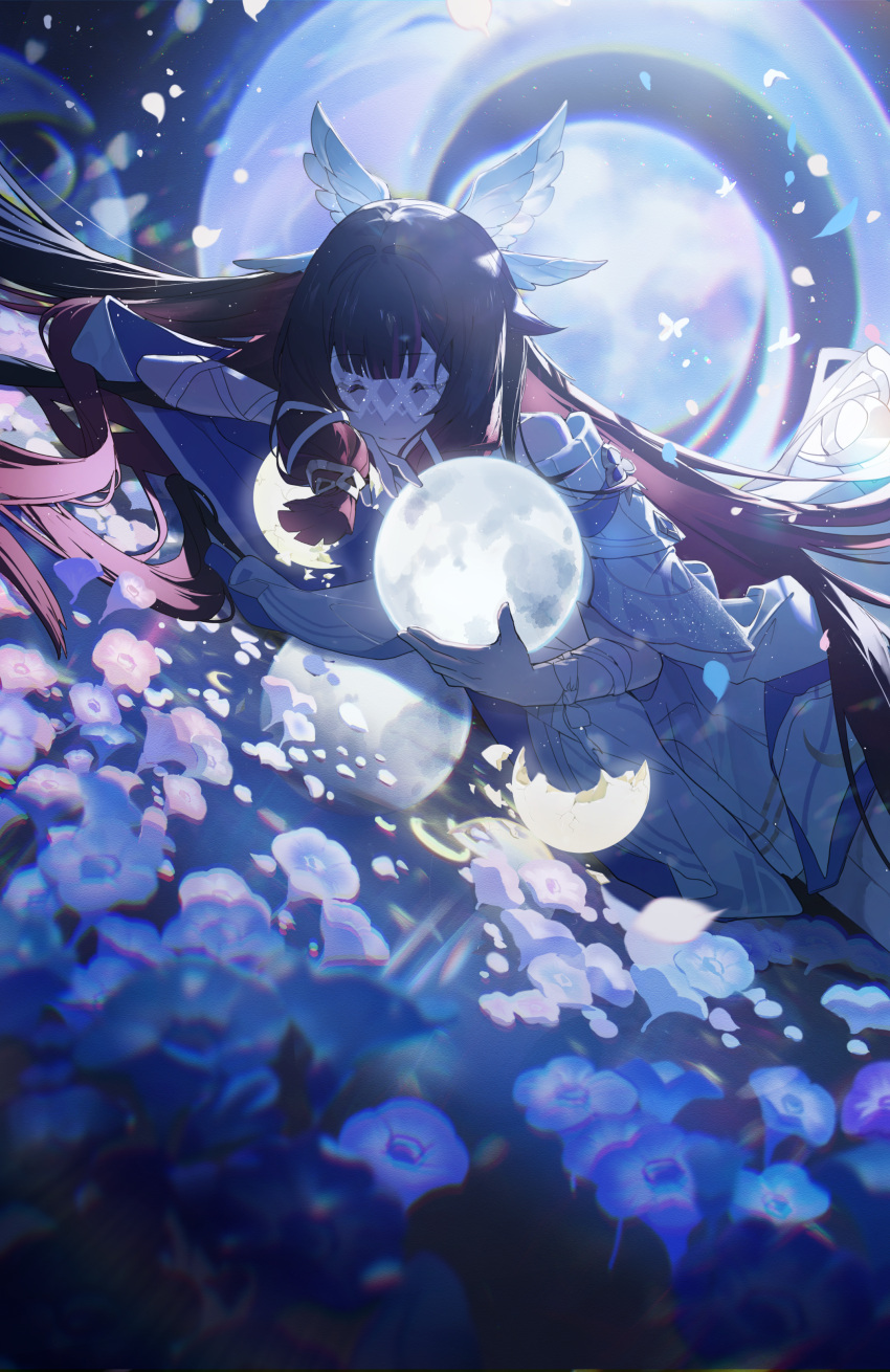 1girl, absurdres, black_hair, bow, closed_eyes, closed_mouth, columbina_(genshin_impact), dress