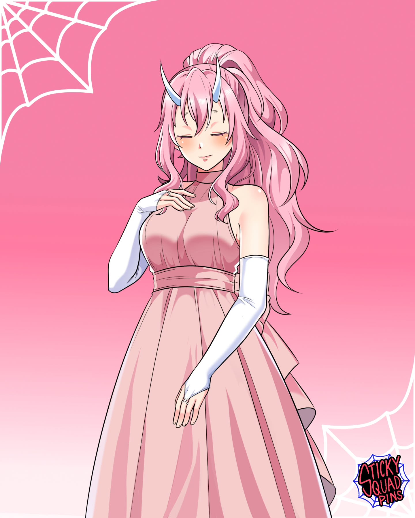 1girl, breasts, bridal_gauntlets, closed_eyes, commentary, dress, english_commentary, heyreza.art