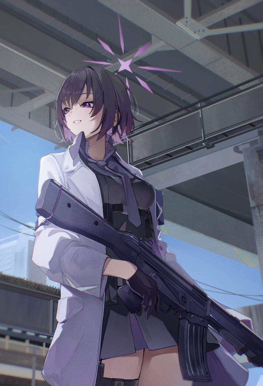 1girl, absurdres, armband, assault_rifle, black_hair, blue_archive, breasts, coat, gloves, grey_shirt, gun, halo, highres, jacket, megu_(jim48834420), necktie, purple_hair, purple_halo, purple_necktie, rifle, shirt, short_hair, solo, subaru_(blue_archive), violet_eyes, weapon, white_coat, white_jacket