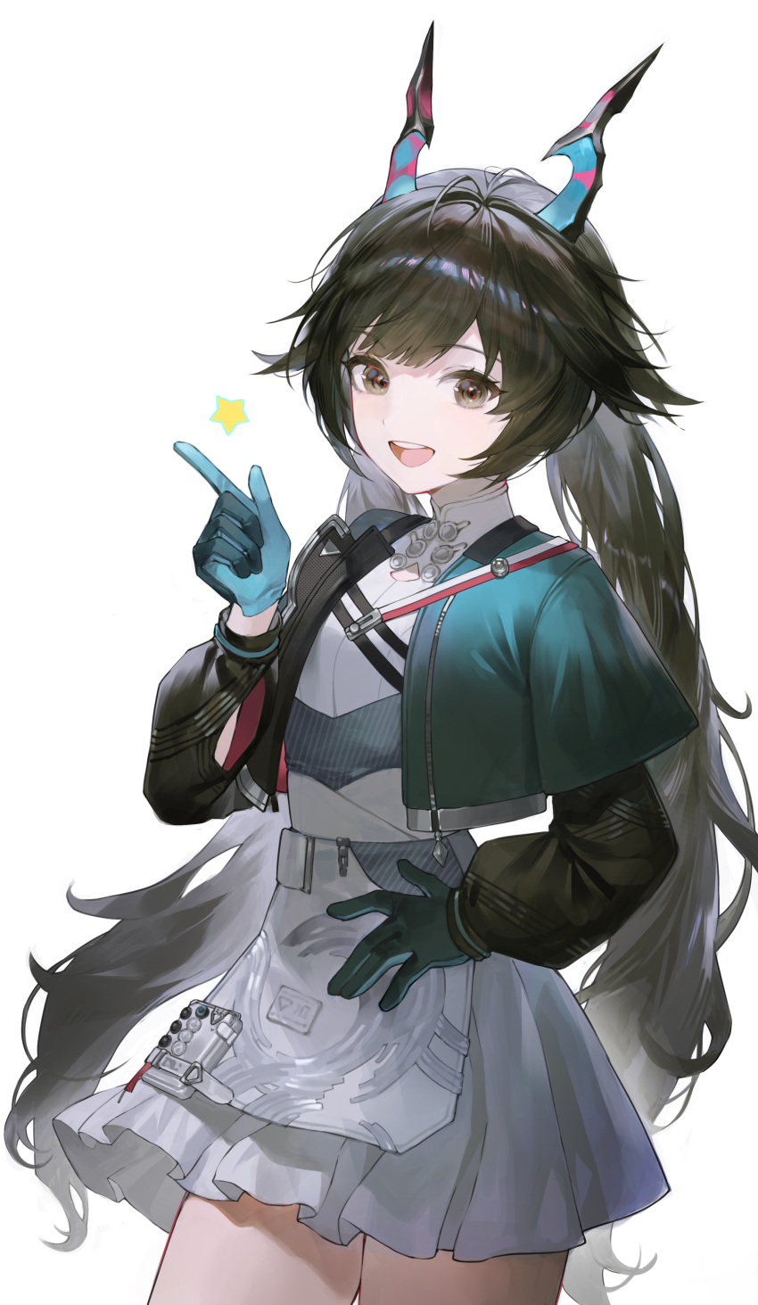 1girl, :d, absurdres, arknights, arknights:_endfield, black_eyes, black_gloves, black_hair