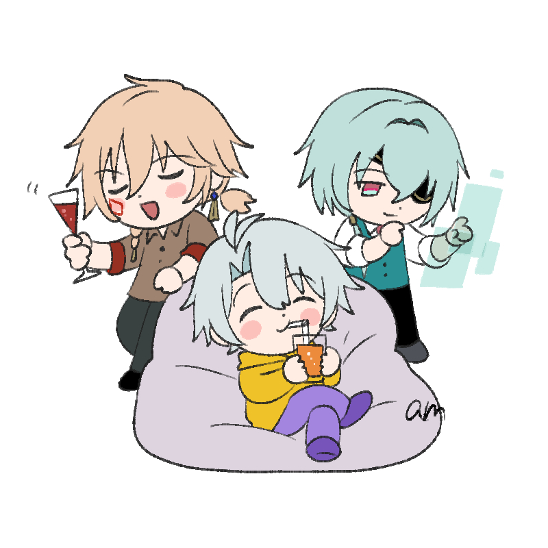 3boys, am_starrail, anaxa_(hello_world!)_(honkai:_star_rail), anaxa_(honkai:_star_rail), aqua_hair, blonde_hair, closed_eyes, cup