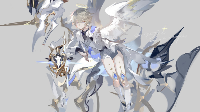1boy, angel, angel_wings, bishounen, blonde_hair, blue_eyes, feathered_wings, grey_background