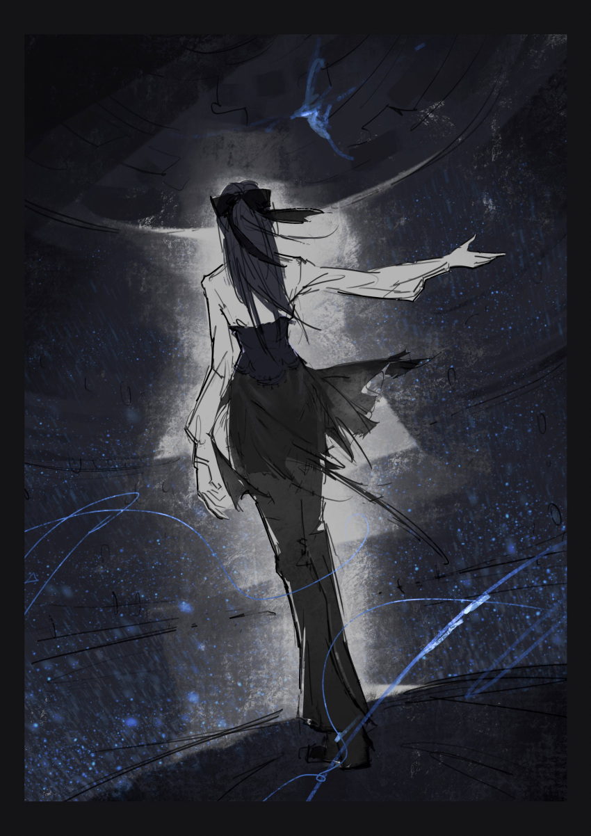 1girl, absurdres, ado_(utaite), audience, black_bow, black_corset, black_hair, black_pants