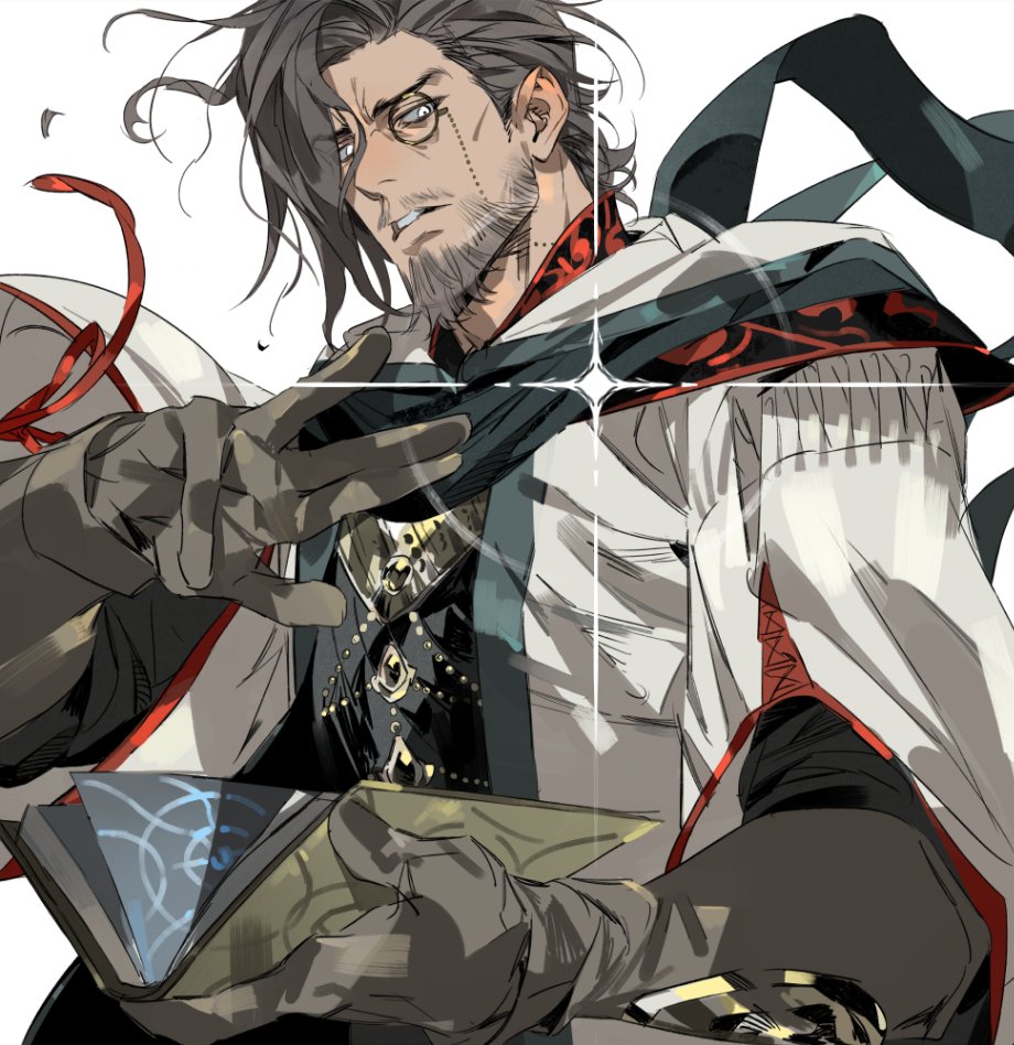 1boy, beard, black_robe, book, brown_gloves, brown_hair, closed_mouth, elden_ring, elden_ring_nightreign, facial_hair, genichiro_cute, gloves, holding, holding_book, jewelry, looking_at_viewer, male_focus, mature_male, medium_hair, mustache_stubble, open_book, robe, scholar_(elden_ring), simple_background, solo, stubble, upper_body, white_background, white_eyes, white_robe, wide_sleeves