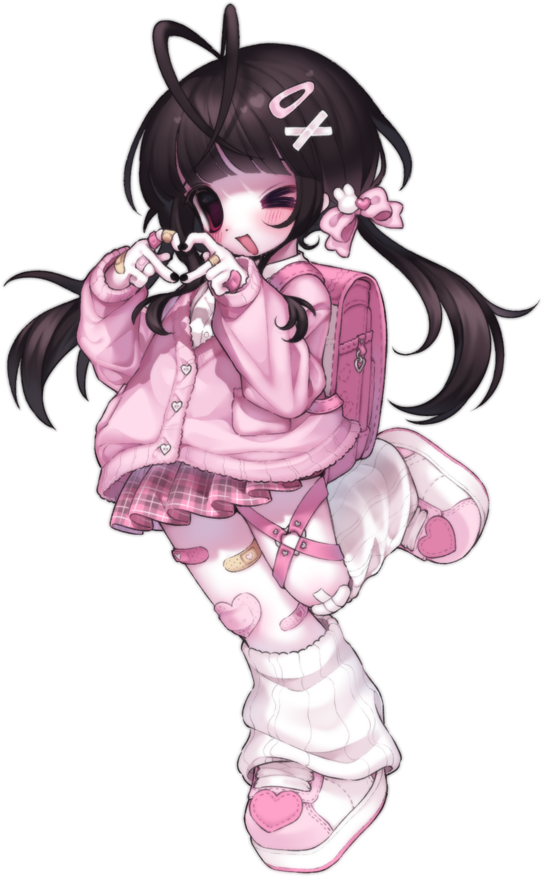 >_o, 1girl, antenna_hair, backpack, bag, bandaid, bandaid_on_finger, bandaid_on_hand, bandaid_on_thigh, blunt_bangs, blush, borrowed_character, bow, brown_hair, buttons, cardigan, commission, dot_nose, empty_eyes, four-finger_heart_hands, full_body, hair_bow, hair_ornament, hairclip, hands_up, happy, heart, heart-shaped_bandaid, heart_button, heart_hands, highres, knee_up, leg_warmers, long_hair, long_sleeves, looking_at_viewer, miniskirt, one_eye_closed, open_mouth, original, pale_skin, pink_bag, pink_bow, pink_cardigan, pink_skirt, plaid_clothes, plaid_skirt, platform_shoes, pleated_skirt, pocket, randoseru, red_eyes, second-party_source, shirt, shoes, simple_background, skirt, solo, standing, standing_on_one_leg, strawbunimilk, tachi-e, transparent_background, twintails, white_leg_warmers, white_shirt, white_shoes, x_hair_ornament, yami_kawaii