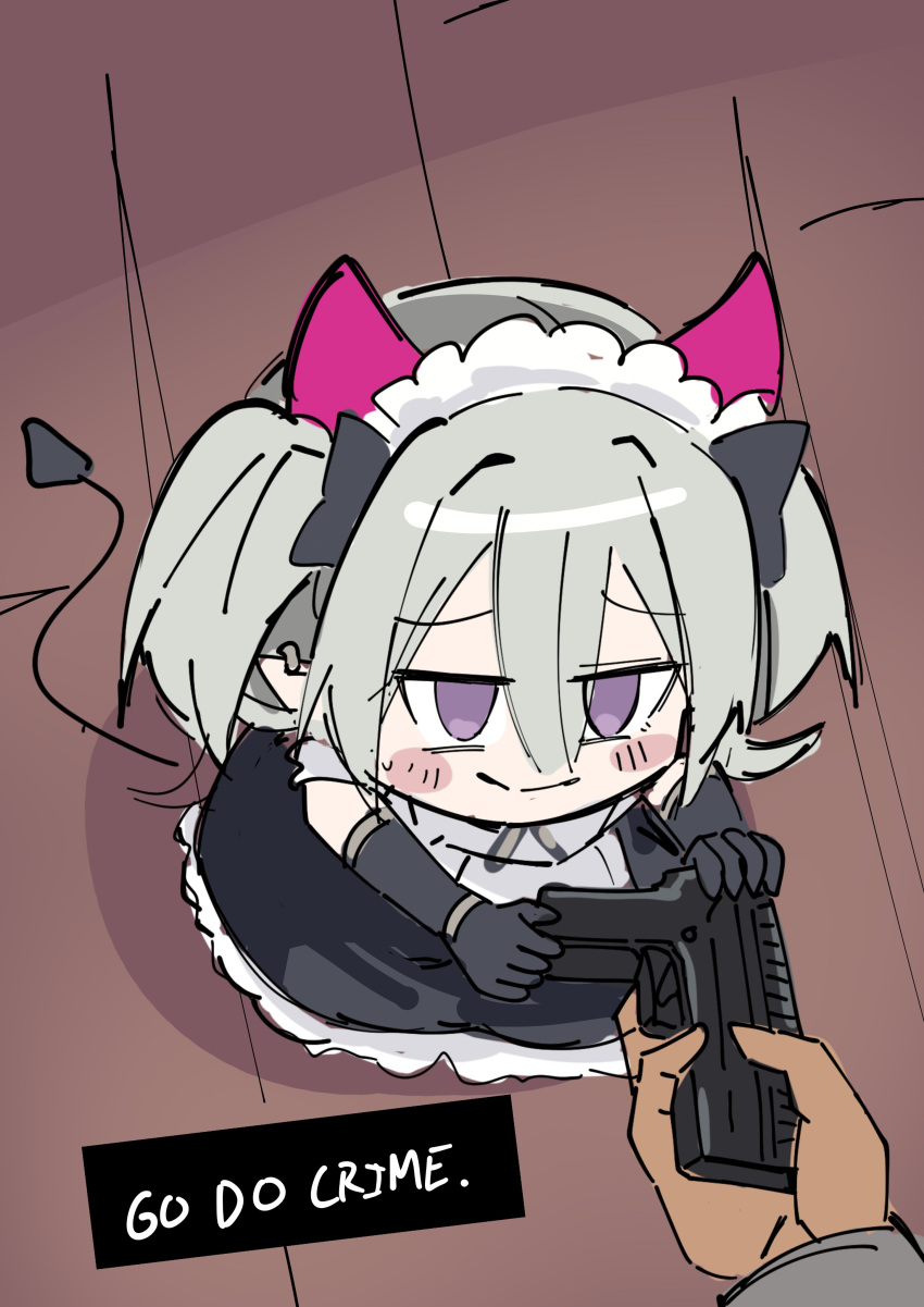 1girl, 1other, absurdres, apron, artist_self-insert, chibi, demon_horns, demon_tail