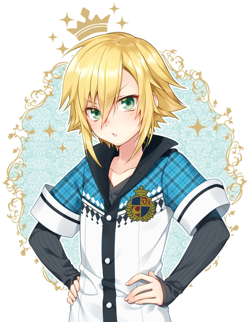 1boy, black_shirt, blonde_hair, blue_jacket, blush, buttons, collar, collarbone
