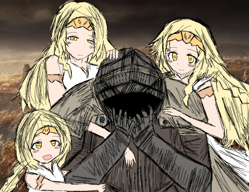 4boys, age_comparison, armband, armor, black_sky, black_souls, black_souls_2, blonde_hair