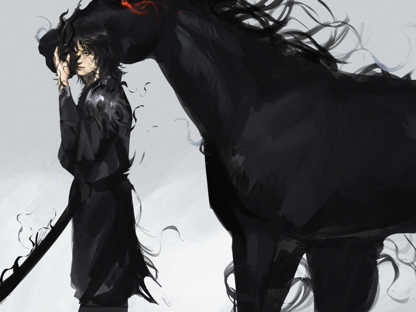 1boy, animal, bags_under_eyes, black_eyes, black_hair, black_robe, colored_veins, feet_out_of_frame, glowing, glowing_eyes, gloxartx, highres, holding, holding_sword, holding_weapon, horse, looking_at_viewer, male_focus, petting, red_eyes, robe, shadow_slave, short_hair, smoke, sunny_(shadow_slave), sword, weapon, wide-leg_pants