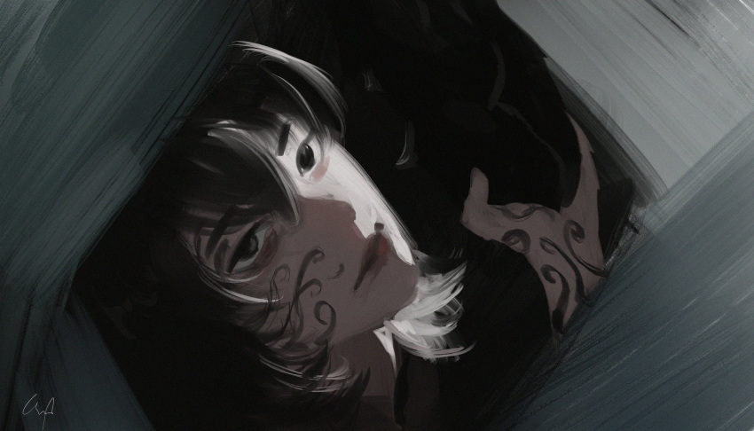 1girl, black_eyes, black_hair, character_request, facial_tattoo, gloxartx, hair_between_eyes, hand_tattoo, head_tilt, highres, looking_at_viewer, portrait, shadow_slave, short_hair, sidelighting, smile, solo, tattoo