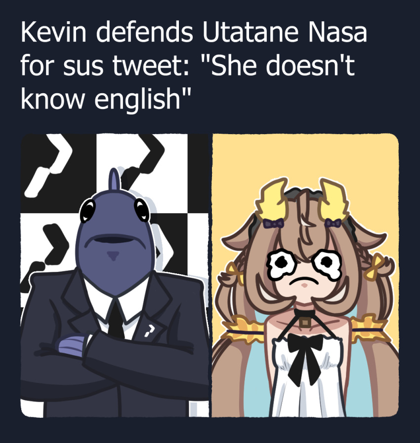 1boy, 1girl, animal_head, brown_hair, business_suit, closed_mouth, colored_inner_hair, crossed_arms, dress, english_text, h2osakana, horns, just_steve, looking_at_viewer, multicolored_hair, phase_connect, suit, tearing_up, utatane_nasa, white_dress