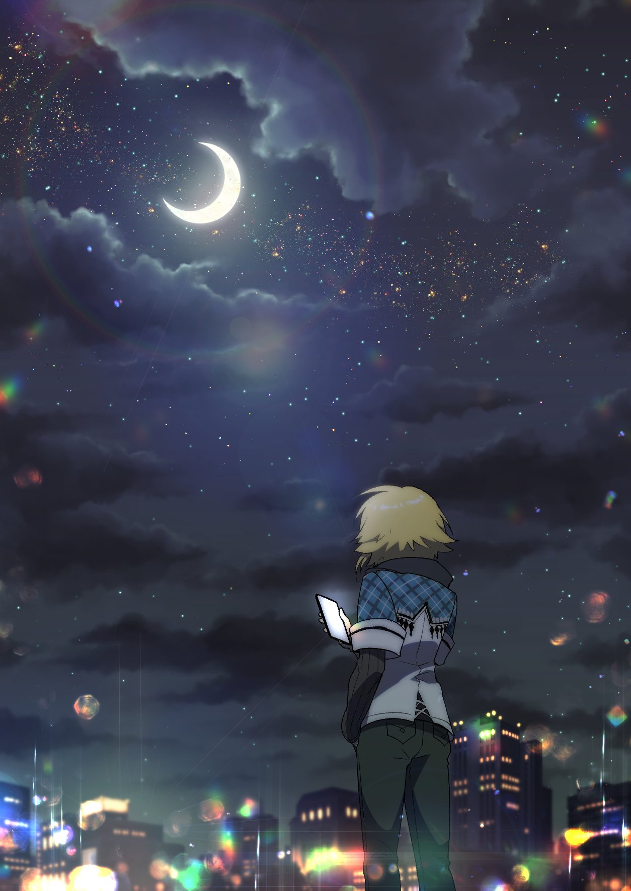 1boy, blonde_hair, blue_jacket, blurry, bokeh, building, cellphone, city_lights