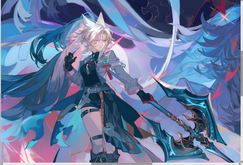 1girl, animal_ear_fluff, animal_ears, axe, belt, black_gloves, boots, chinese_clothes