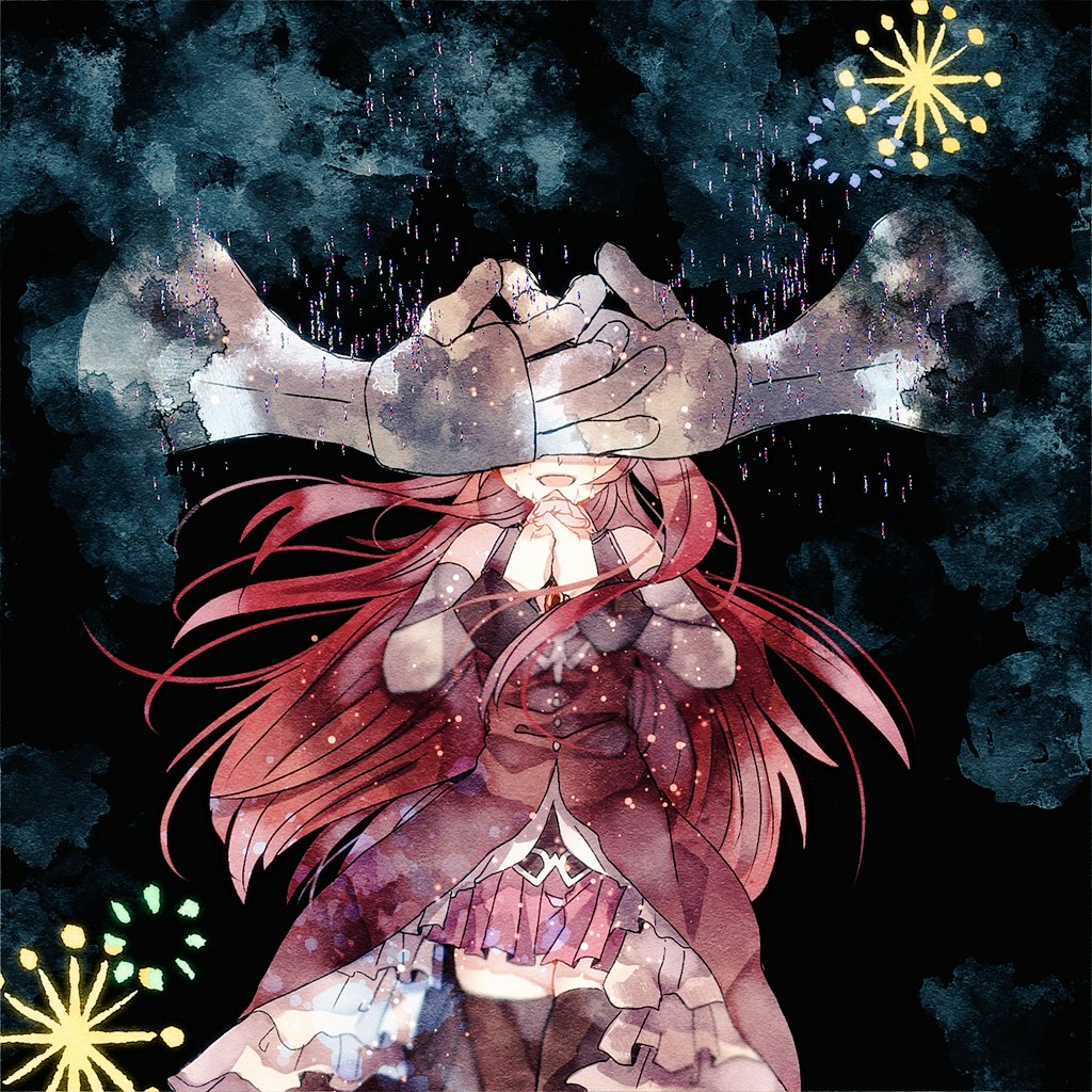 1girl, bare_shoulders, clothing_cutout, commentary_request, covering_another's_eyes, detached_sleeves, dress, frilled_dress