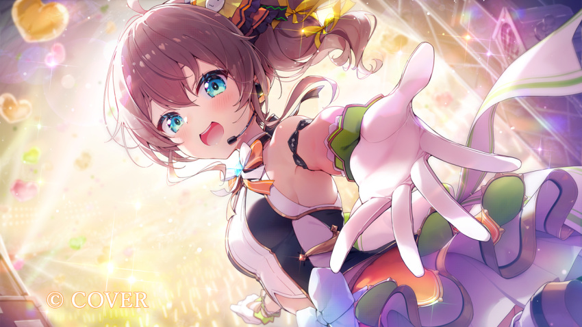 1girl, :d, ahoge, aqua_eyes, blurry, blurry_background, bow, bowtie