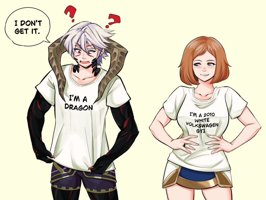 1boy, 1girl, ?, absurdres, alternate_costume, blue_eyes, breasts, brown_hair