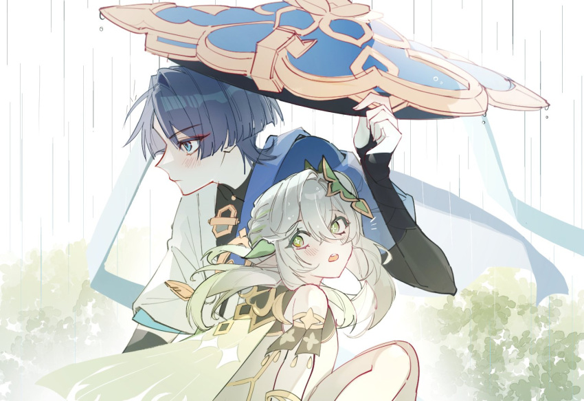 1boy, 1girl, adam's_apple, arm_at_side, armlet, armor, black_bodysuit, blue_cape