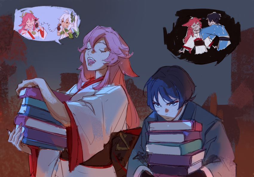 1boy, 2girls, :p, absurdres, aina_(mayexplode), alternate_skin_color, alternate_universe, armlet