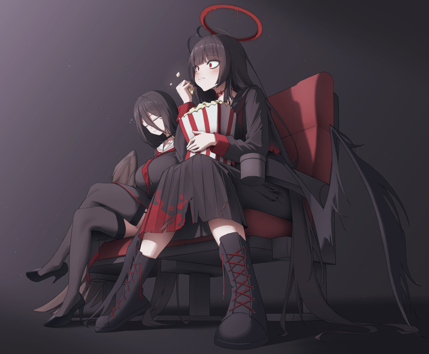 2girls, absurdres, antenna_hair, bags_under_eyes, black_boots, black_hair, black_serafuku, black_shoes