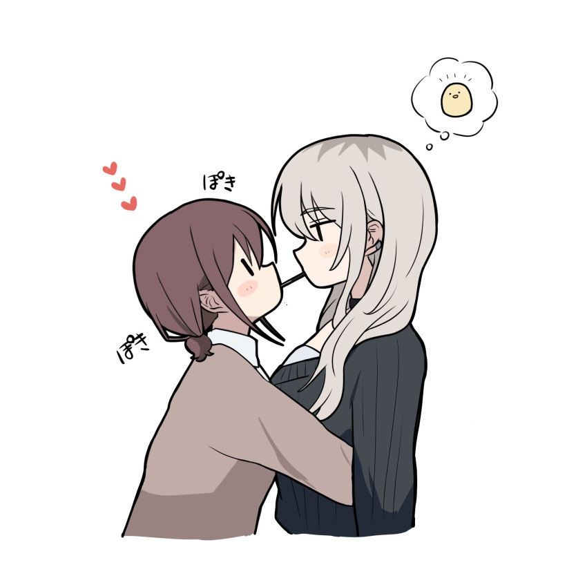 2girls, black_sweater, brown_hair, brown_sweater, commentary, earclip, food, girls_band_cry