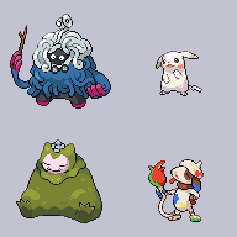 alternate_form, closed_eyes, closed_mouth, fangs, flower, full_body, glasses, holding, holding_own_tail, holding_stick, moss, mosslax, no_humans, onigashira_ginkaku, paint, paint_on_body, peakychu, pikachu, pixel_art, pokemon, pokemon_(creature), pokemon_focus, pokemon_pokopia, professor_tangrowth, round_eyewear, simple_background, sleeping, smeargle, smearguru, smile, snorlax, stick, tail, tangrowth, tentacles, tm_(pokemon), tongue, tongue_out