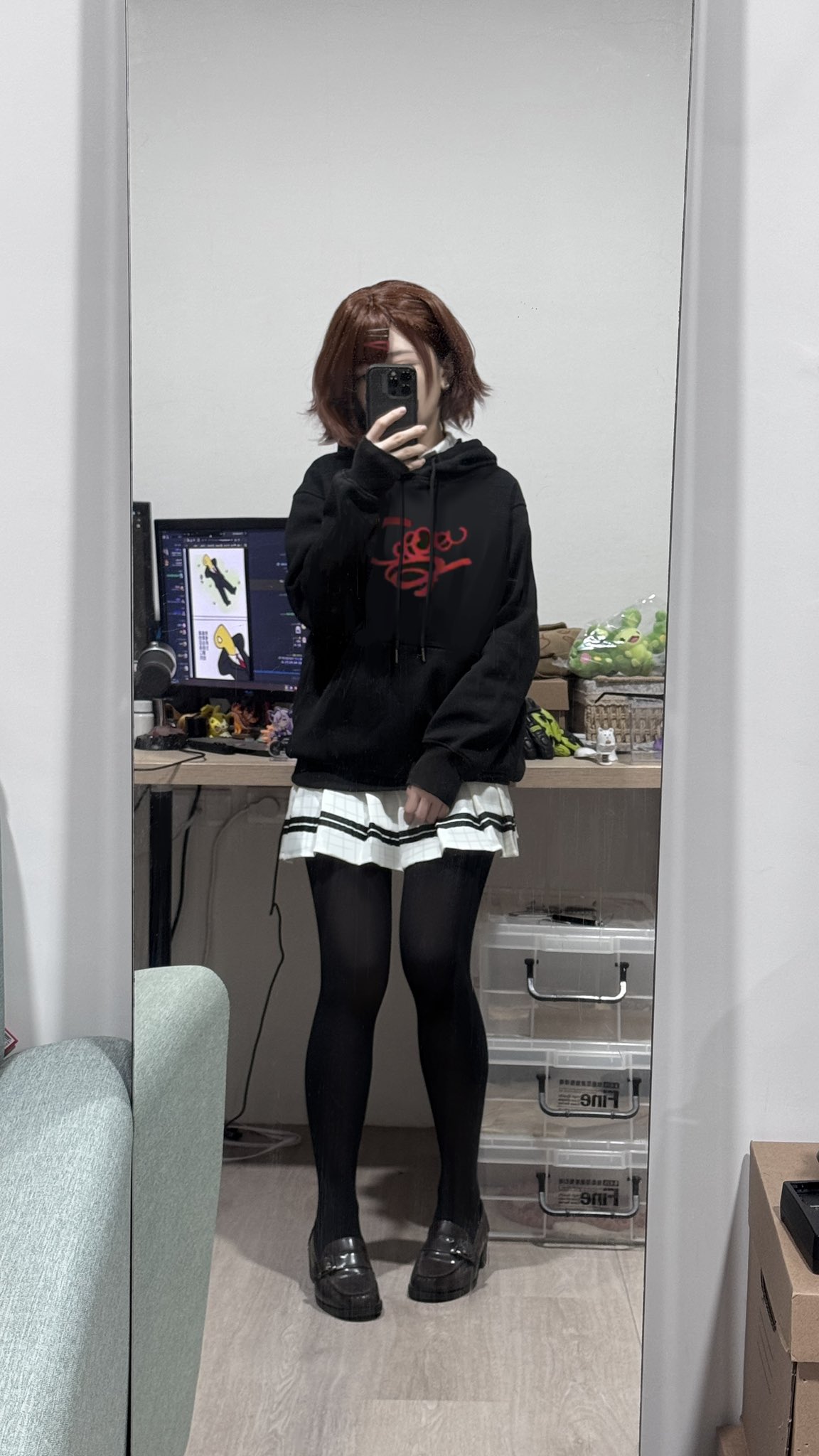 1girl, black_hoodie, black_pantyhose, black_shoes, box, brown_hair, cosplay_photo, covering_own_face