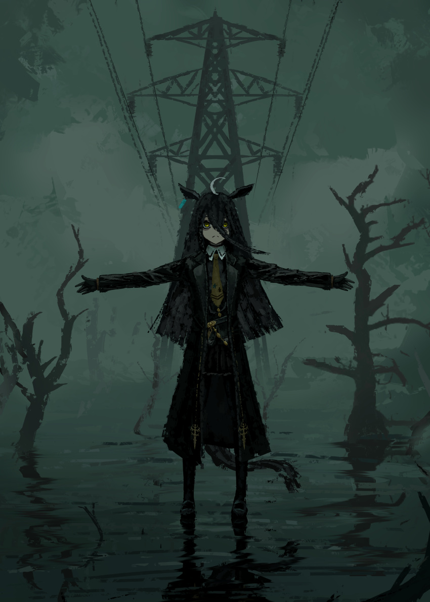 1girl, absurdres, animal_ears, arms_up, bare_tree, belt, black_belt, black_coat, black_gloves, black_hair, black_pantyhose, black_shirt, black_skirt, coat, collared_shirt, contrast_collar, dog, gloves, hair_between_eyes, highres, horse_ears, horse_girl, horse_tail, long_hair, long_hair_between_eyes, long_sleeves, manhattan_cafe_(creeping_black)_(umamusume), manhattan_cafe_(umamusume), multicolored_hair, necktie, outdoors, pantyhose, shirt, skirt, solo, tail, thefatum, transmission_tower, tree, umamusume, very_long_hair, wading, white_hair, yellow_necktie