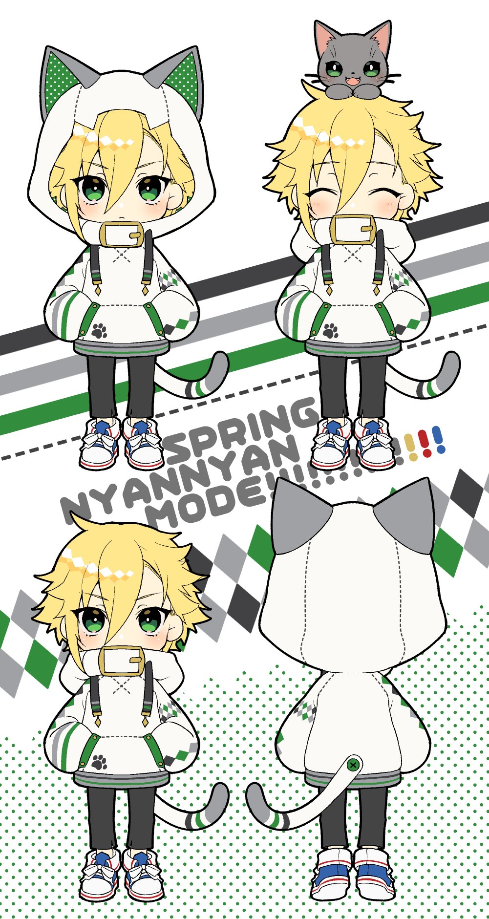 1boy, :<, animal_ears, animal_hood, animal_on_head, blonde_hair, blue_shoes, blush