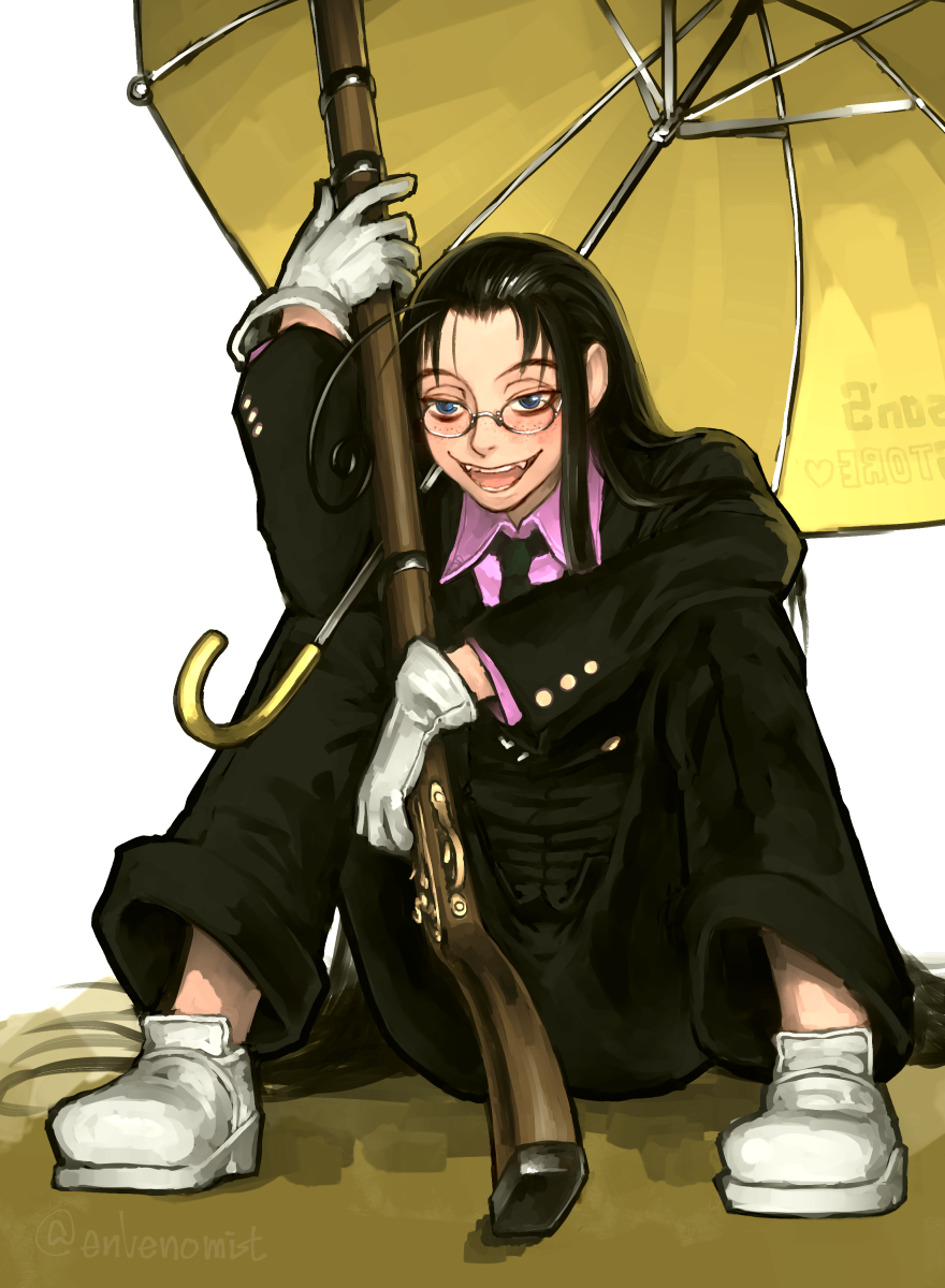 1girl, :d, ahoge, artist_name, black_hair, black_necktie, black_suit, blue_eyes, blush, collared_shirt, commentary_request, envenomist_(gengoroumaru), fangs, freckles, glasses, gloves, gun, hellsing, highres, holding, holding_gun, holding_weapon, long_hair, musket, necktie, on_floor, open_mouth, pink_shirt, rip_van_winkle_(hellsing), round_eyewear, shirt, shoes, smile, solo, suit, twitter_username, umbrella, weapon, white_gloves, white_shoes, yellow_umbrella