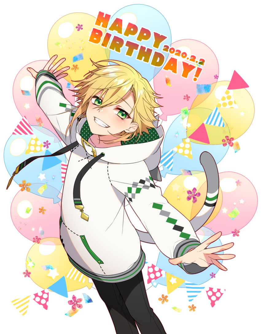 1boy, absurdres, balloon, blonde_hair, blush, cat_tail, drawstring, fake_tail