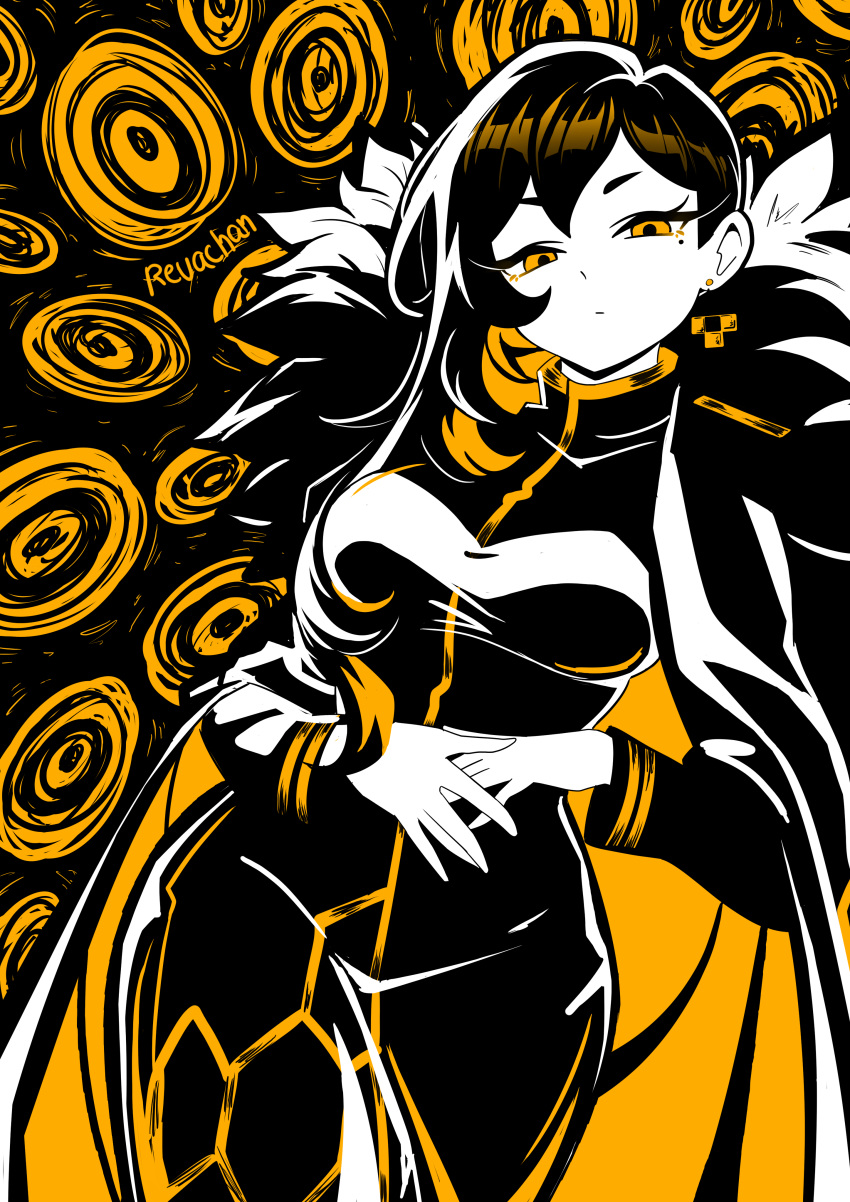 1girl, absurdres, big_bird_(project_moon), binah_(project_moon), black_cape, black_dress, black_hair, blonde_hair