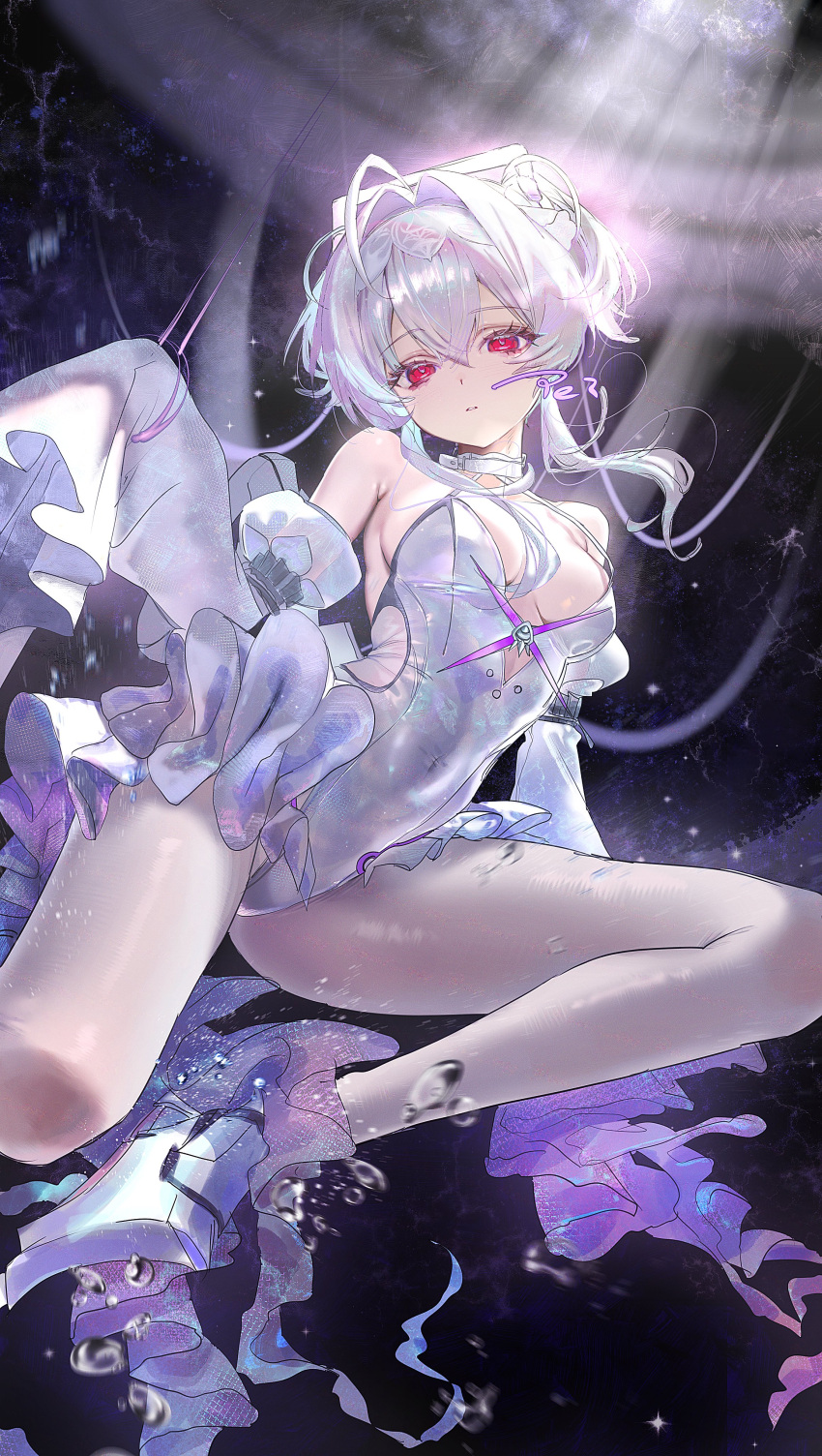 1girl, absurdres, ahoge, air_bubble, armored_boots, boots, bubble, collar