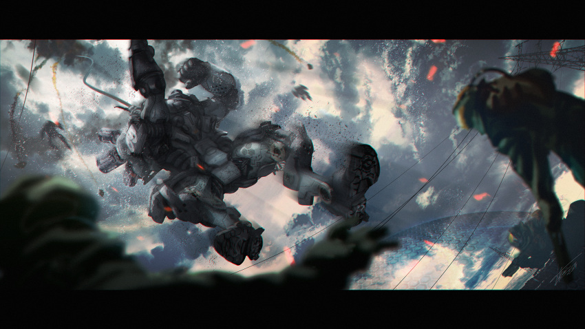 assault_rifle, atlas_(titanfall), falling, gun, highres, humanoid_robot, machine_gun, mecha