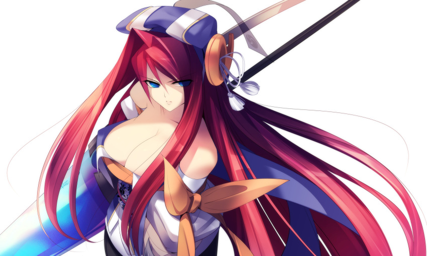 blue_eyes, bow, breasts, cleavage, dragonmaterial, hat, highres, large_breasts, long_hair, red_hair, redhead, sengoku_hime, sengoku_hime_3, solo, yuuki_harumoto_(sengoku_hime), yuuki_harutomo_(sengoku_hime)