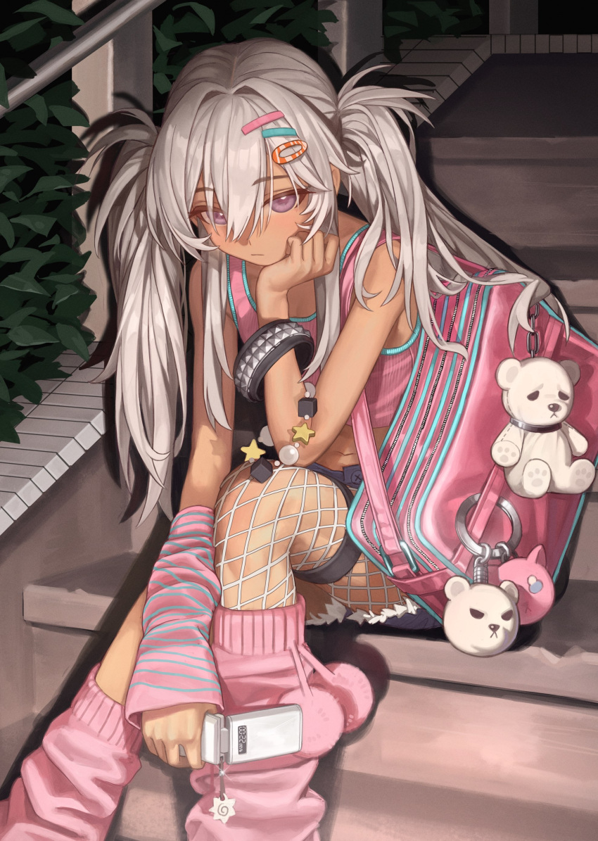 1girl, absurdres, asymmetrical_legwear, bag, bare_shoulders, closed_mouth, crop_top, dark-skinned_female