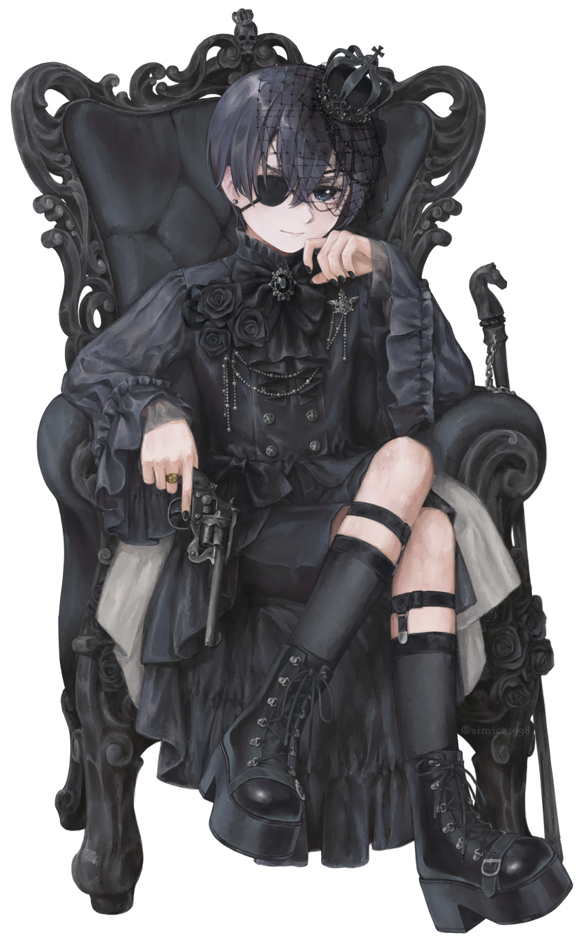 1boy, absurdres, ankle_boots, armchair, artist_name, bishounen, black_boots, black_bow