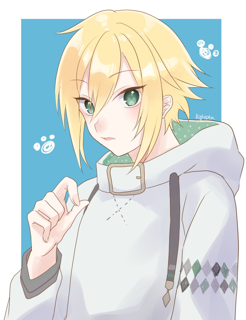 1boy, 8ryo_ta, blonde_hair, blue_background, blush, border, drawstring, flipped_hair, green_eyes, green_hoodie, hair_between_eyes, hand_up, highres, hood, hood_down, hoodie, long_sleeves, looking_at_viewer, male_focus, nijisanji, outside_border, parted_lips, polka_dot, polka_dot_hoodie, short_hair, sidelocks, signature, solo, standing, two-sided_fabric, upper_body, uzuki_kou, uzuki_kou_(2nd_costume), virtual_youtuber, white_border, white_hoodie
